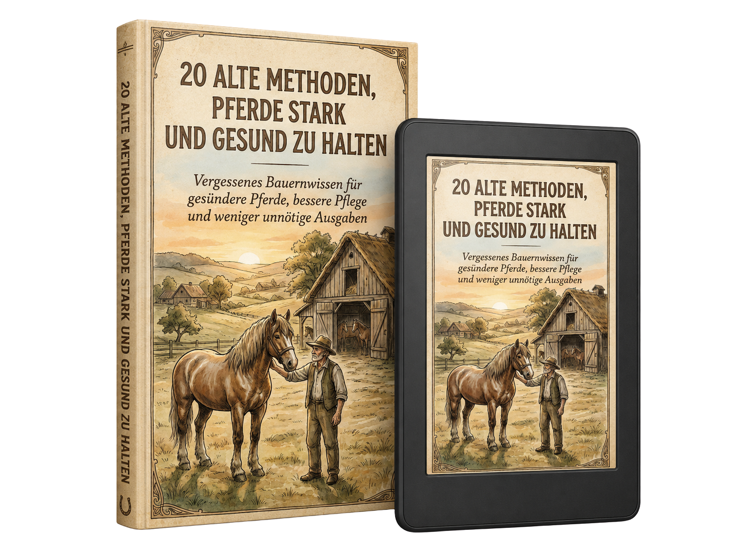 E-Book: 20 alte Methoden für starke und gesunde Pferde — Buch- und E-Reader-Mockup